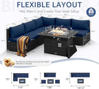 NICESOUL 6 Piece Modern Wicker Patio Furniture Set with Firepit Natural Gas/Propane, 29.3'' High-Back Deep Wide Seat Outdoor Conversation for Backyard, Oversized Sofa Couch, 2 Color Cushion Navy&Gray
