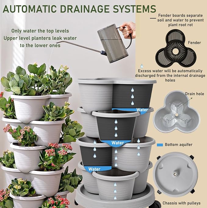 Vertical Strawberry Planter 3 Tier Hanging Vertical Gardening Stackable Planter, Hanging Strawberry Planter Pot for Strawberries, Flowers, Herbs, Vegetables with Removable Wheels and Hooks