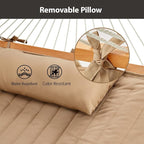 Outdoor Double Hammock with Hardwood Spreader Bars, Large Rope Hammock with Polyester Pad and Pillow, 475 LBS Capacity for 2 Person Patio Backyard Poolside - Tan