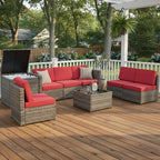 Tangkula 8 Pieces Wicker Patio Furniture Set with Storage Deck Box, PE Rattan Outdoor Sectional Sofa Conversation Set with Coffee Table & Cushions, Outside Furniture for Garden Yard Poolside (Red)