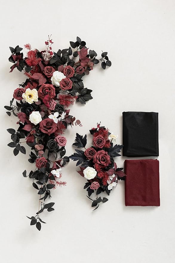Artificial Flower Wedding Arch Decor Kit, Black and Burgundy, 4 Pieces