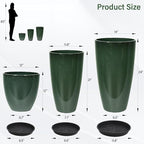 24/21/12 Inch Large Plastic Planter, Lightweight Ceramic-Look Tall Planters with Drain Hole & Saucers, Tall Plastic Planters for Porch, Garden, Patio, Balcony(Dark Green)
