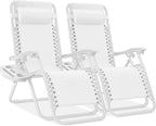 Best Choice Products Set of 2 Adjustable Steel Mesh Zero Gravity Lounge Chair Recliners w/Pillows and Cup Holder Trays - Snow