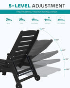 SERWALL Patio Chaise Lounge Chair Set of 2 with 9FT Patio Umbrella, 78'' HDPE Outdoor Lounger, Poly Lounge Chair with Rolling Wheels & Cup Holder for Pool,Obsidian Black (Umbreall Base not Included)