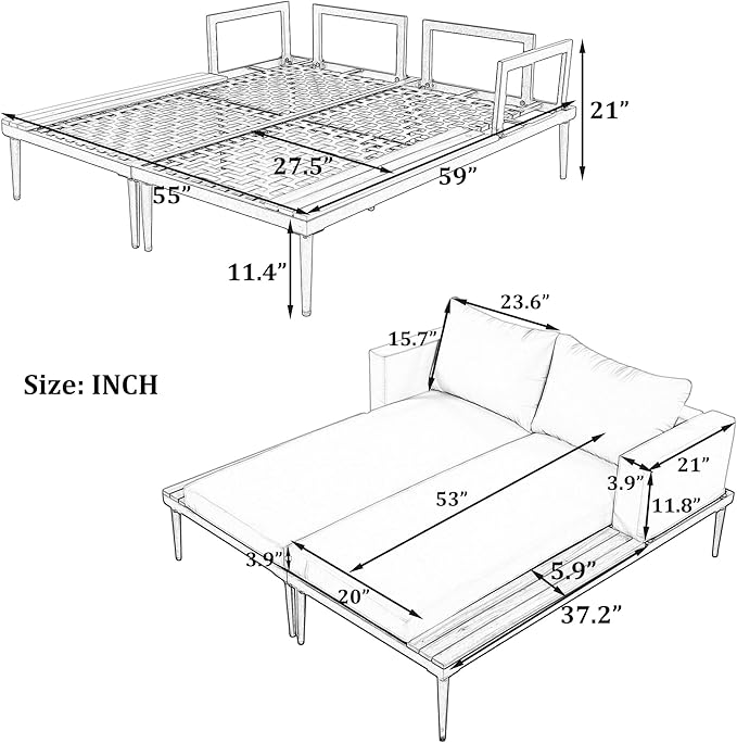 Outdoor Double Metal Daybed, with Wood Topped Side for Drinks, 2 in 1 Padded Sun Lounger with Cushions & Pillows, Patio Chaise Lounge Chair for Poolside Lawn Garden, Gray
