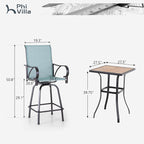 PHI VILLA Outdoor Patio Swivel Bar Set of 3, Jacquard Lake Blue Textilene Furniture Bistro Set with 2 Outdoor Bar Stools and Square Patio Bar Table for Garden Lawn Yard
