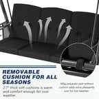 U-MAX 3-Seat Porch Swing Chair Steel Frame, Patio Swing Chair with Stand and Removable Cushions, Outdoor Canopy Swing Chair for Outside, Backyard, Garden, Black Cushion