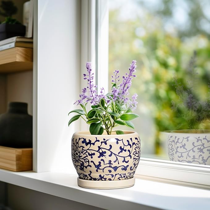 SQOWL Ceramic Flower Pots - 6 Inch Plant Pot Indoor with Drainage Hole and Saucer, Porcelain Ceramic Planter Outdoor, Decorative Round Small Planter, House Decor, Plant Lover Gifts, Blue and Beige