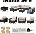 10 Pieces Patio Furniture Set All-Weather Outdoor Wicker Sectional Conversation Sofa Rattan Patio Seating Sofa with Cushion and Glass Table for Porch Poolside,Beige