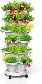 Strawberry Vertical Planters, 6 Tiered Stacking Tower Garden, Stackable Herb Vegetable Planters with Movable Casters and Bottom Saucer Indoor and Outdoor - White