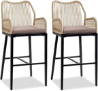 VINGLI Outdoor Bar Stools Set of 2, Heavy-Duty Outdoor Barstools Boho Woven Patio Bar Stools with Backrest, Patio Garden Balcony Pool Bar Chairs with Cushions (Apricot)