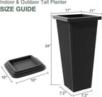 Tall Black Planters Outdoor Set of 2, Large Outdoor Tall Planters Pots with Tray, Modern Tapered Flower Planter for Front Porch, Patio, Garden (24", Ribbed)