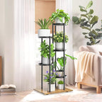 iDavosic.ly 5 Tier Plant Stand Indoor Outdoor, Tiered Corner Multiple Flower Pot Holder Shelf, Metal 37 Inch Tall Display Rack for Patio Porch Living Room Garden Balcony, Modern Black & Rustic Brown