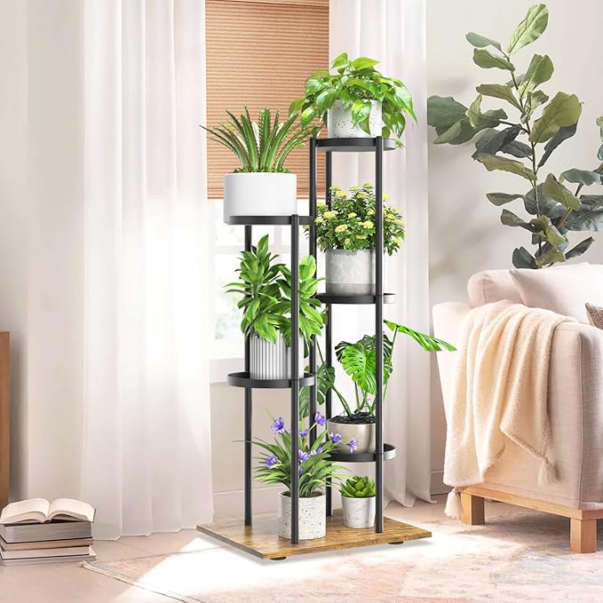 iDavosic.ly 5 Tier Plant Stand Indoor Outdoor, Tiered Corner Multiple Flower Pot Holder Shelf, Metal 37 Inch Tall Display Rack for Patio Porch Living Room Garden Balcony, Modern Black & Rustic Brown