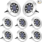 LYHOPE Solar Ground Lights Outdoor, 8 Pack 8 LED Solar Disk Lights Waterproof Garden In-ground Pathway Light Landscape Lighting for Lawn,Yard,Deck,Patio,Walkway (White)