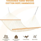 Lazy Daze Hammocks Double Rope Hammock, 2 Person Traditional Outdoor Hand Woven Cotton Rope Hammock with Spreader Bar, Carabiners, Tree Straps, Chains for Patio Yard - Max 450 Lbs, Natural