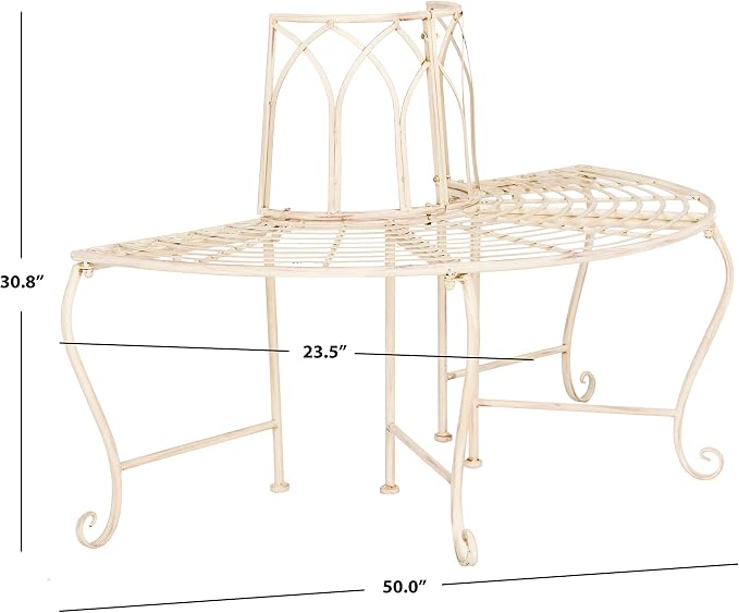 Tree Bench with Curved Wrought Iron Frame in Distressed White