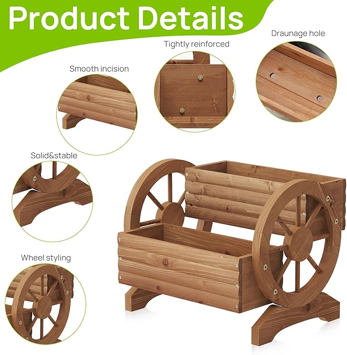 Wooden Wagon Planter Outdoor Flower Cart with Wheels Garden Planter, Decor Planter for Patio Balcony Decoration Succulent Flower Pot for Indoor Backyard Balcon Yard Decor planters (Brown)