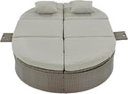 Merax Outdoor Sun Bed Patio 2-Person Daybed with Cushions and Pillows, Rattan Garden Reclining Chaise Lounge with Adjustable Backrests and Foldable Cup Trays for Lawn, Poolside, Grey