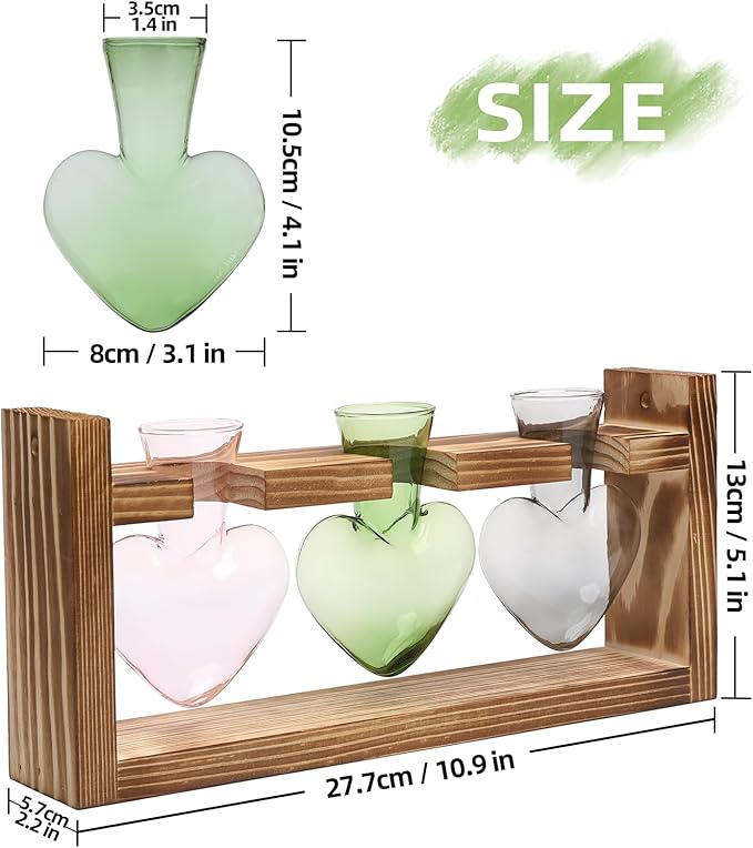 Heart Shaped Glass Terrarium Set with Wood Stand, 3 Vases