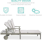 Best Choice Products 79x26in Acacia Wood Chaise Lounge Chair Recliner, Outdoor Furniture for Patio, Poolside w/Slide-Out Side Table, Foam-Padded Cushion, Adjustable Backrest, Wheels - Gray/Cream