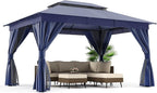 LAUSAINT HOME Semi-Permanent Outdoor Patio Gazebo 10'x13', Heavy Duty Party Tent Shelter with Double Roofs, Mosquito Nettings and Privacy Screens for Backyard, Garden, Lawn, Navy Blue