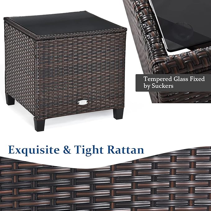 Tangkula 3 Pieces Patio Furniture Set, PE Rattan Wicker 3 Pcs Outdoor Sofa Set w/Washable Cushion and Tempered Glass Tabletop, Conversation Furniture for Garden Poolside Balcony (Black)