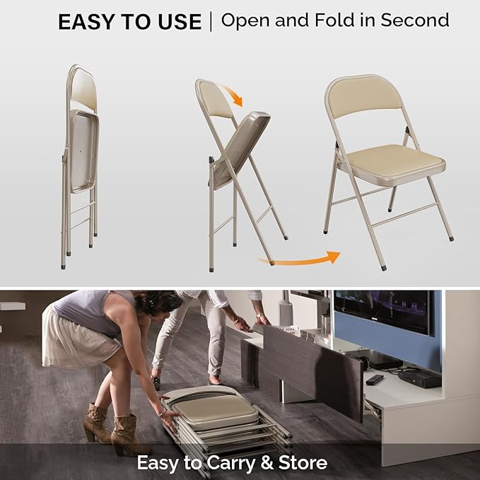 VINGLI 8 Pack Folding Chairs with Padded Seats, Metal Frame with Pu Leather Seat & Back, Capacity 350 lbs, Set of 8, Khaki