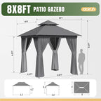 Aoxun Outdoor Gazebo for Patio 8x8, Metal Frame Canopy with Double Roofs, Heavy Duty Party Tent and Shelter with Mosquito Netting and Privacy Screen for Backyard, Lawn, Garden, Deck (Grey)
