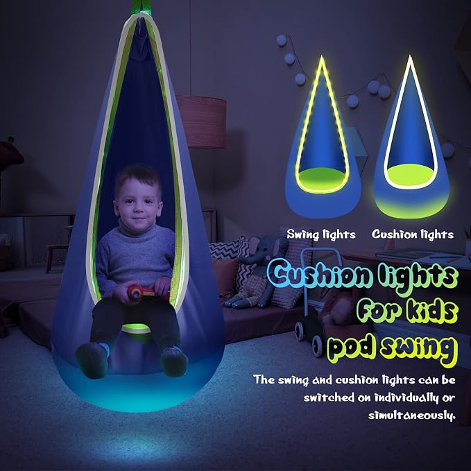 Kids Hammock Chair with LED Lights, Blue Cotton, 176 lb Capacity