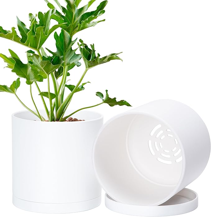 Planters 6 Inch Matte White Plastic Pots with Saucers, Set of 2