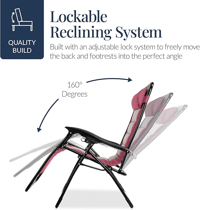 Best Choice Products Oversized Padded Zero Gravity Chair, Folding Outdoor Patio Recliner, XL Anti Gravity Lounger for Backyard w/Headrest, Cup Holder, Side Tray, Polyester Mesh - Pink/Taupe