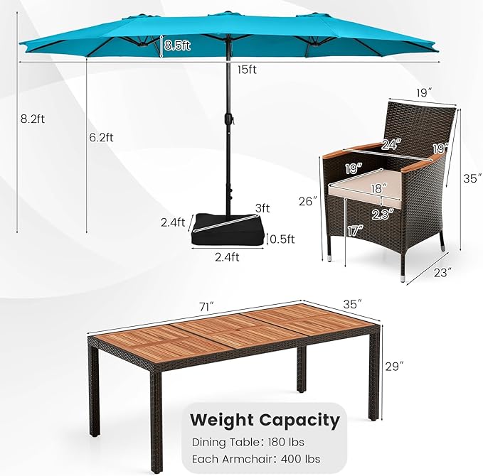 Tangkula 11 Piece Rattan Outdoor Dining Set with 15Ft Patio Umbrella for 8, Outdoor Wicker Table Set with 8 Cushioned Armchairs, Acacia Wood Top, Outdoor Umbrella with Base Included