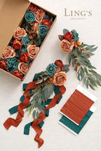 Artificial Aisle Pew Flowers 8 Pcs Dark Teal and Burnt Orange Wedding