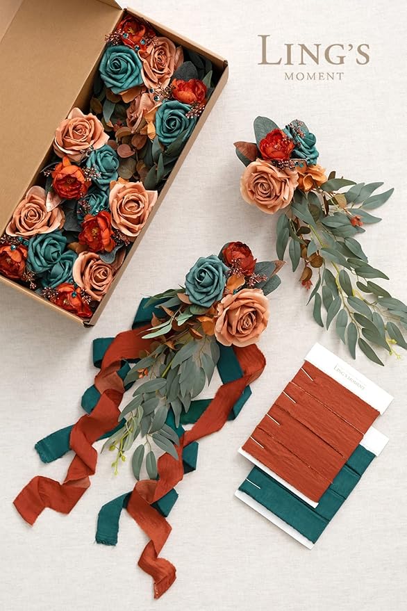 Artificial Aisle Pew Flowers 8 Pcs Dark Teal and Burnt Orange Wedding