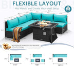 NICESOUL 6 Piece L Shaped Patio Furniture Set with Fire Pit Natural Gas/Propane, 29.3'' High Back Comfy Outdoor Conversations for Outside, Big Size Deep Wide Couches, 2 Color Cushion Turquoise & Grey