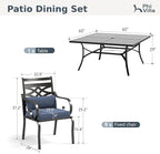 PHI VILLA 9 Pieces Outdoor Dining Set for 8, 60" Square Black Metal Table with Umbrella Hole & Wrought Iron Chairs, All Weather Outside Furniture with Blue Cushions & Pillows for Patio, Deck, Porch