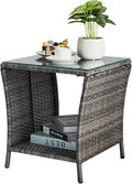 VINGLI Outdoor Wicker Side Table Patio Side Tables for Outside, Tempered Glass Top Wicker Table with Storage End Table for Balcony Porch Deck (Grey)
