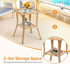 VINGLI Outdoor Side Table with Storage Wicker Patio Side Table, Tempered Glass Top End Table for Balcony Porch Deck (Beige)