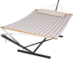 SUNCREAT Double Hammock with Stand Included, Outdoor Portable Hammock with Stand, Light Gray Stripes