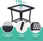 VINGLI Outdoor Side Table with Storage Wicker Patio Side Table, Tempered Glass Top End Table for Balcony Porch Deck (Black)