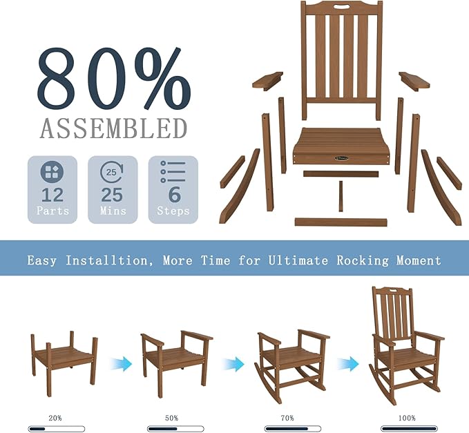 Oversized Rocking Chair Set of 8, Outdoor Rocking Chair for Adults, All Weather Resistant Porch Rocker for Lawn Garden, Wood