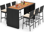Tangkula 7 Piece Patio Wicker Bar Set, Patiojoy Outdoor Acacia Wood Bar Height Table & 6 Rattan Bar Stool Chairs with Backrest and Footrest, for Bistro Garden Balcony