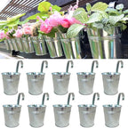 LaLaGreen Fence Planters for Outdoor Plants (10 Pack, 4 Inch) Balcony Planter Railing Hanging, Small Silver Metal Flower Pot Rail Wall Cute Farmhouse Garden Rustic Deck Porch Window Box Bucket Decor