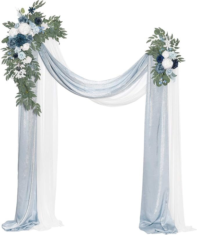 Artificial Flowers Wedding Arch Kit with Dusty Blue Drape, 4 Piece Set