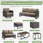 Belord Patio Conversation Set with Swivel Glider Chairs - 9 Piece Outdoor Sectional Furniture Set with Storage Box and Metal Top Table Brown Wicker/Gray Cushions
