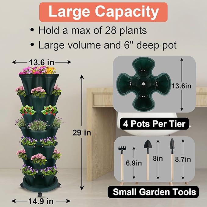 DUNCHATY Stackable Planter, Vertical Garden Planter with Wheels and Tools, Self Watering Strawberry Planter Indoor/Outdoor 7 Tier Herb Planter Pots for Growing Vegetables and Succulents,Pine Green