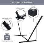 Large Hammock with 12FT Steel Stand, Freestanding Hammock with Curved Spreader Bar, Pillow and Portable Bag for Outside, Gray Ripples