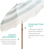 AMMSUN Boho Fringe Umbrella Outdoor Patio, 6.5ft UPF50+ Picnic Umbrella with Tassels with Steel Pole and Push Button Tilt, Vintage Green Stripe