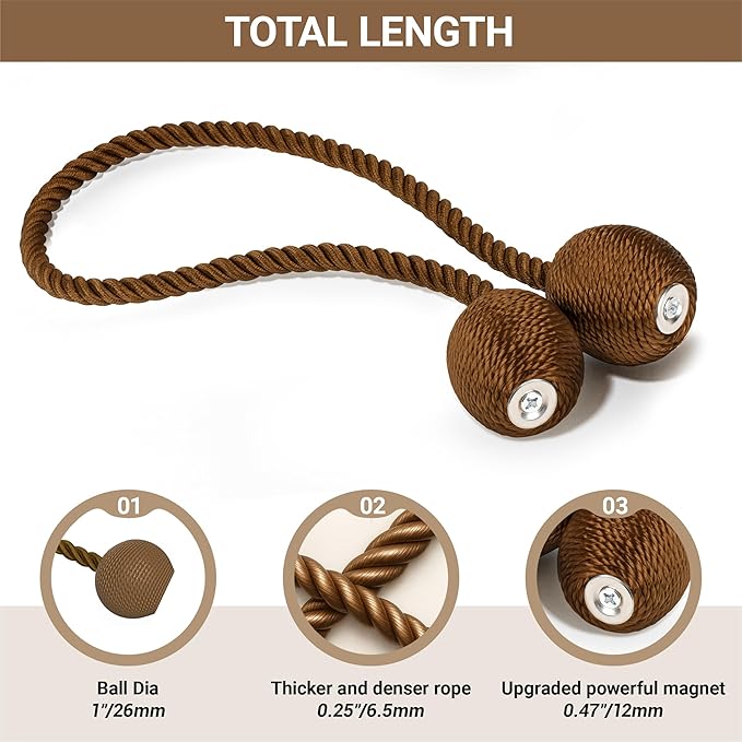 Hion Magnetic Curtain Tiebacks Dark Brown 6 Pack, Curtain Tiebacks Buckles Holdbacks Holders Hooks Clip for Home Bedroom Office Decorative Thick or Thin Curtain
